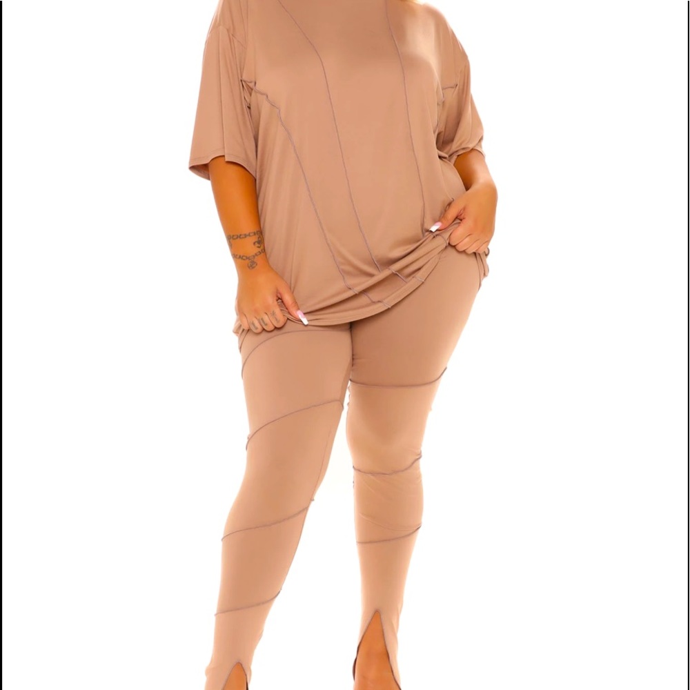 2pc brown pants set with slits on bottom of pants tall friendly color taupe